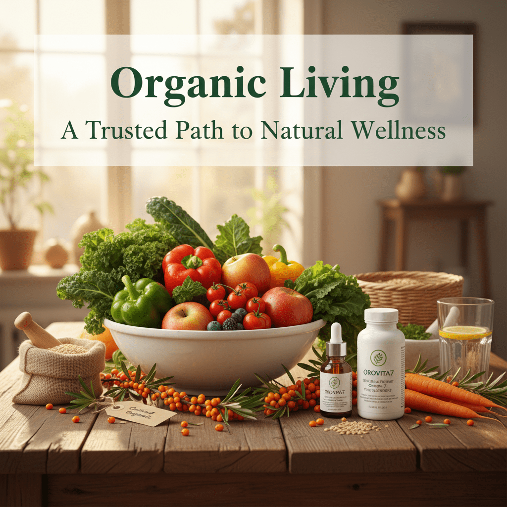 A sunlit, rustic wooden table featuring a large bowl of fresh organic produce, including kale, red peppers, and apples. Beside the bowl are OroVita7 supplement bottles, a dropper vial, fresh carrots, and sea buckthorn branches, representing a holistic approach to natural wellness.