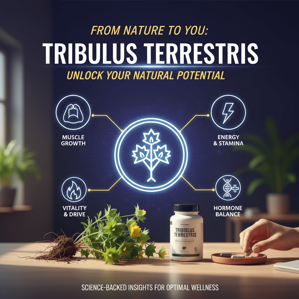Tribulus terrestris supplement bottle with icons showing muscle growth, vitality and drive, energy and stamina, and hormone balance in a science-backed wellness concept