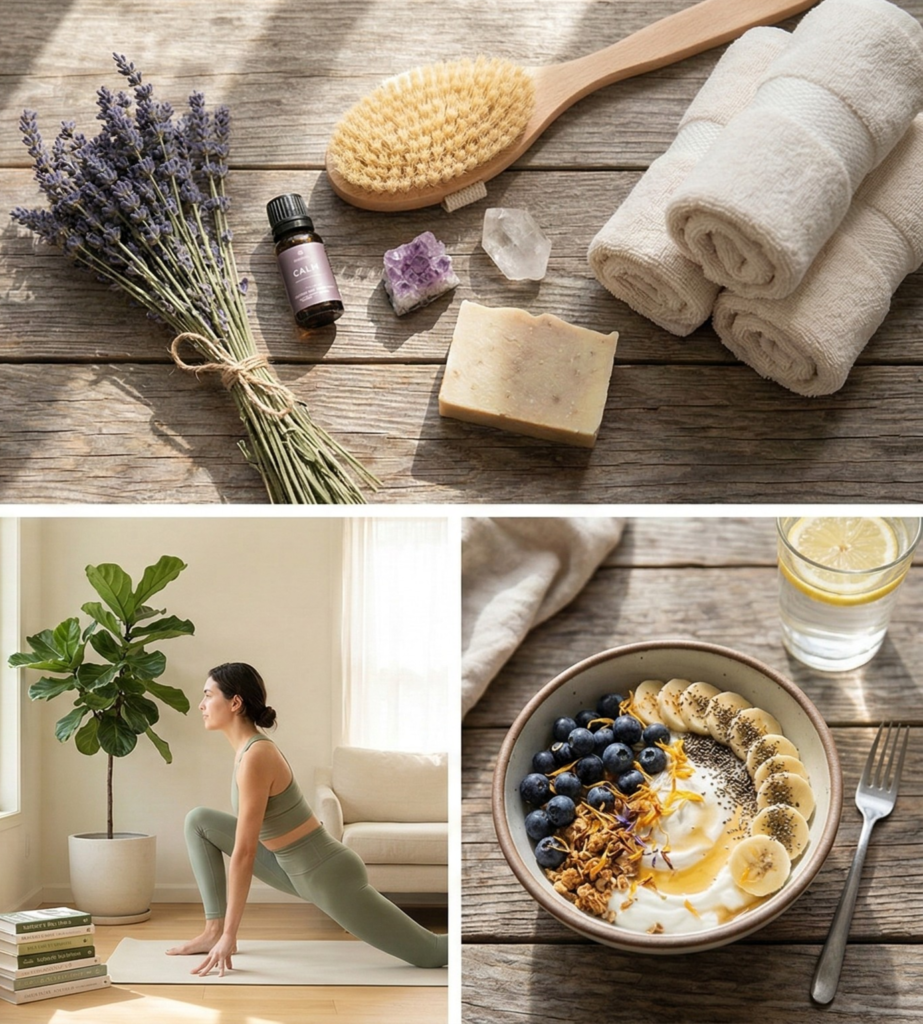 Selfcare essentials including lavender, natural soap, body brush, towels, yoga practice, and healthy breakfast bowl