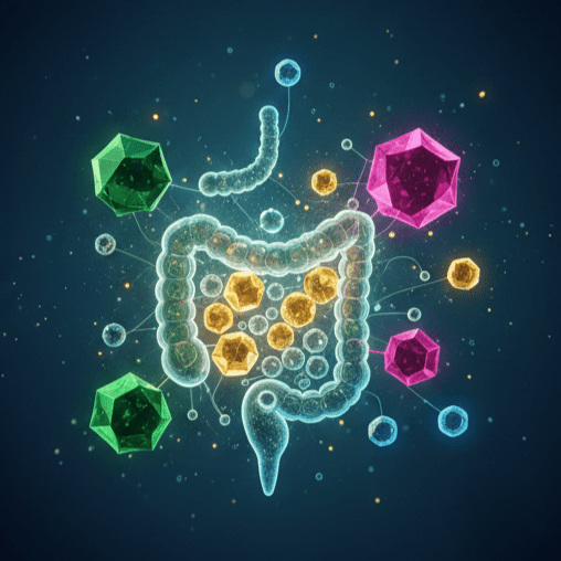 A medical research lab setting featuring a DNA helix made of green leaves next to scientific beakers, petri dishes, and fresh ingredients like avocado and almonds.