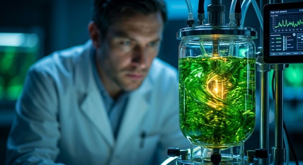 A male scientist in a white lab coat observes a glowing green liquid swirling inside a high-tech glass bioreactor, symbolizing the research behind the supplement formula.
