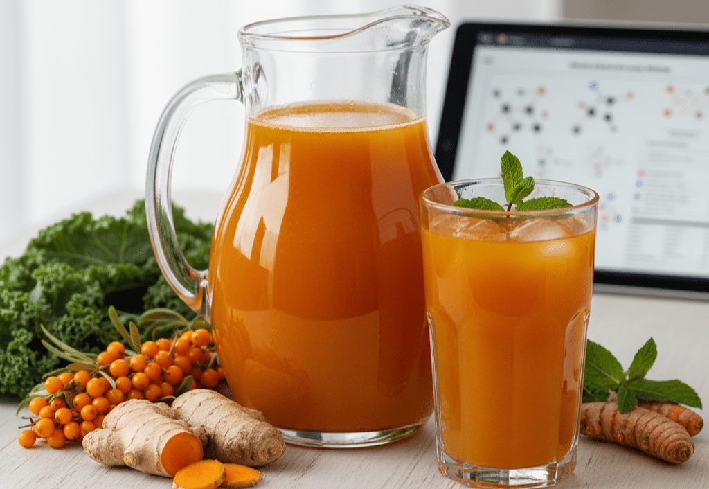 A glass pitcher and a glass of vibrant orange natural juice garnished with mint, surrounded by fresh sea buckthorn berries, ginger, and turmeric. In the background, a digital tablet displays molecular structures, illustrating a science-backed approach to nutrition.