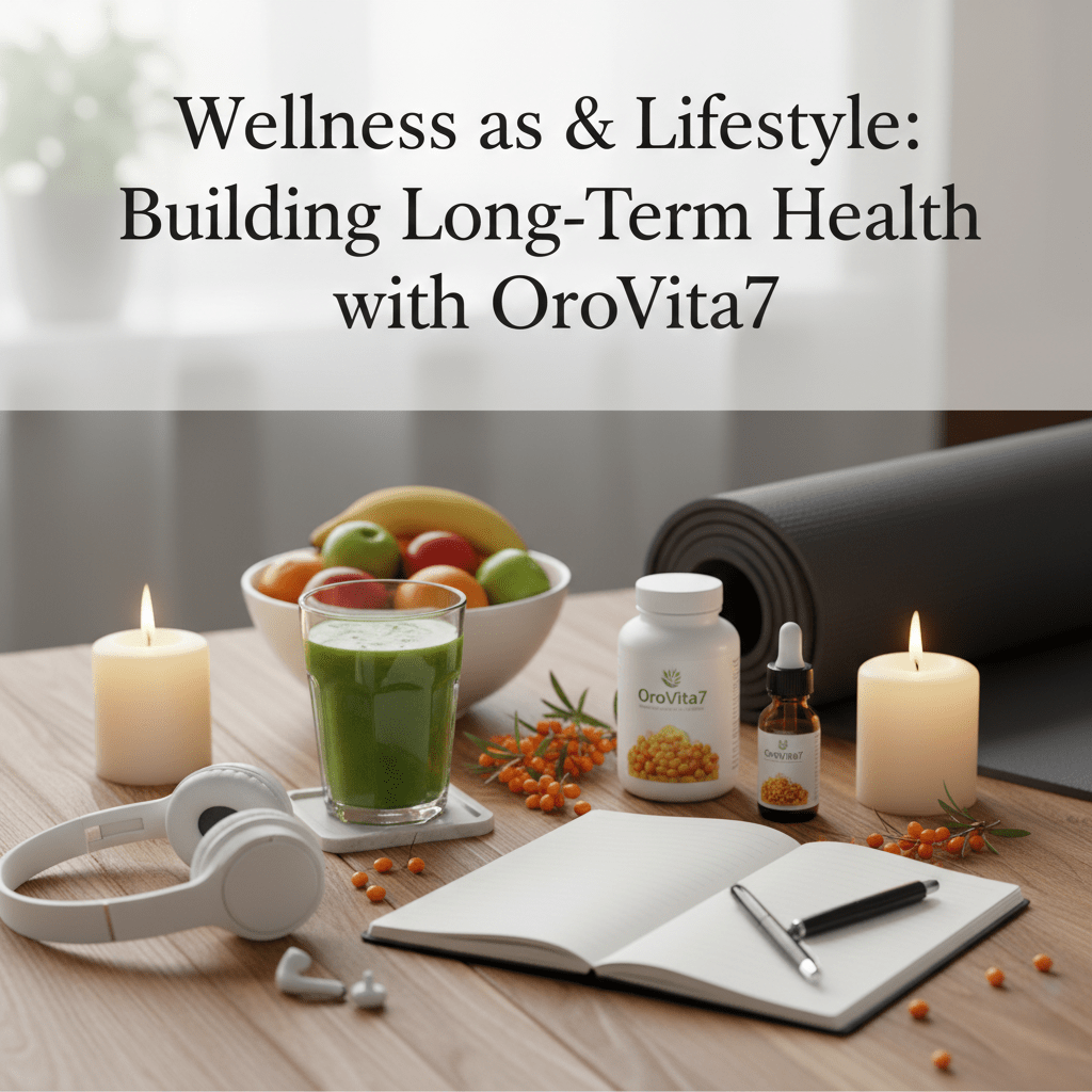 A wide blog cover image depicting a holistic wellness lifestyle. On a wooden surface, a green smoothie and a bowl of fresh fruit are placed next to OroVita7 supplement bottles, an open journal with a pen, and a rolled-up yoga mat. Warm candlelight and fresh sea buckthorn berries complete the serene, health-focused scene.