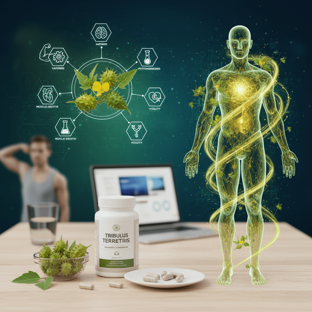Tribulus terrestris supplement with human body energy visualization highlighting vitality, muscle growth, hormonal balance, and science-based herbal wellness