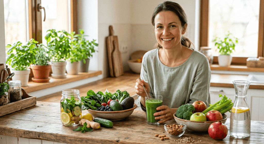 A smiling woman sits in a bright kitchen with a glass of green smoothie, surrounded by natural detox foods including avocados, apples, broccoli, ginger, and infused lemon water.