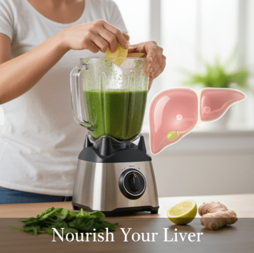 A person adding fresh lemon to a blender filled with a green vegetable smoothie, featuring an overlay of a human liver icon and the text Nourish Your Liver.