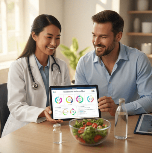 A medical doctor in a white coat showing a tablet with colorful health data charts to a smiling patient during a nutrition-focused clinical consultation.
