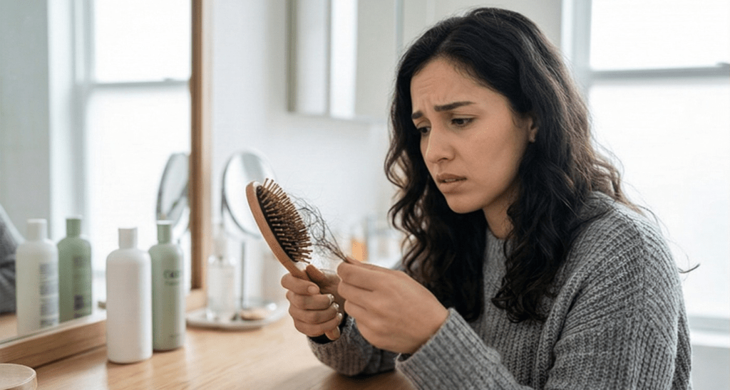 A concerned woman with long brunette hair sits at a vanity, looking sadly at a significant amount of hair caught in her wooden hairbrush.