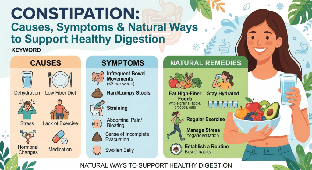 An educational infographic titled "CONSTIPATION: Causes, Symptoms & Natural Ways to Support Healthy Digestion."