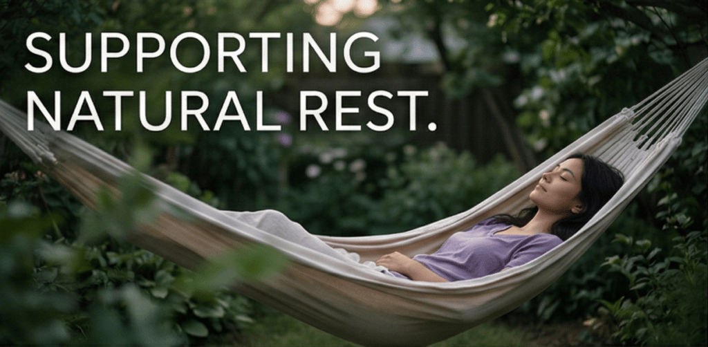 A serene image of a woman sleeping in a hammock outdoors in a lush green garden, with the overlay text "SUPPORTING NATURAL REST."
