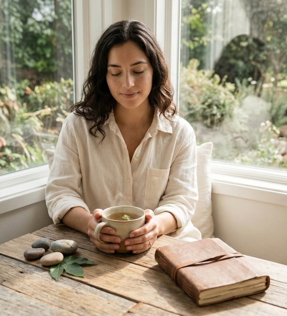 Woman enjoying a calm selfcare moment with herbal tea, journal, and natural wellness setup near a window