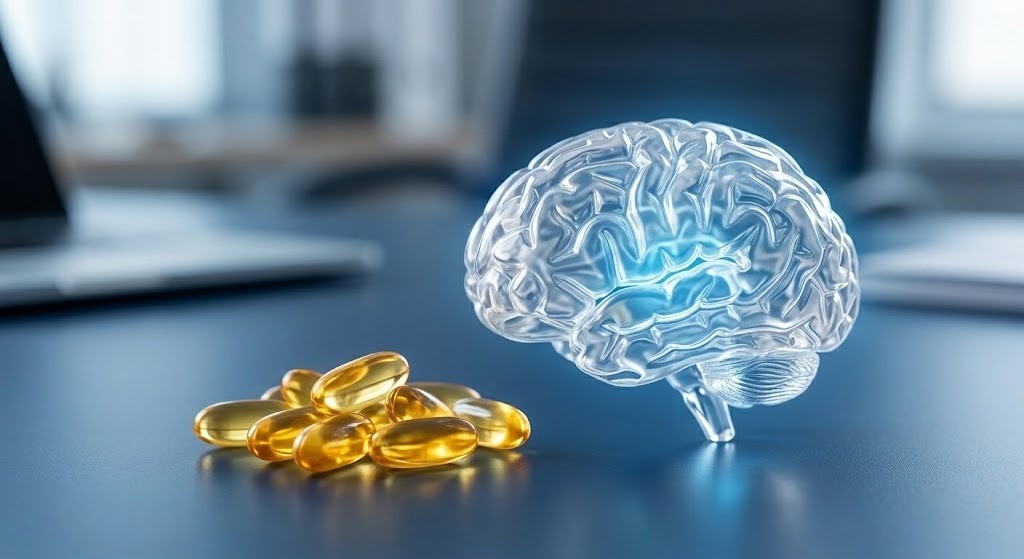 A pile of golden, translucent DHA softgel capsules resting on a desk next to a glowing, transparent 3D model of a human brain, illustrating the connection between omega-3 fatty acids and cognitive health.