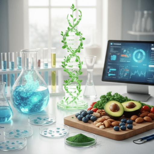 A medical research lab setting featuring a DNA helix made of green leaves next to scientific beakers, petri dishes, and fresh ingredients like avocado and almonds.