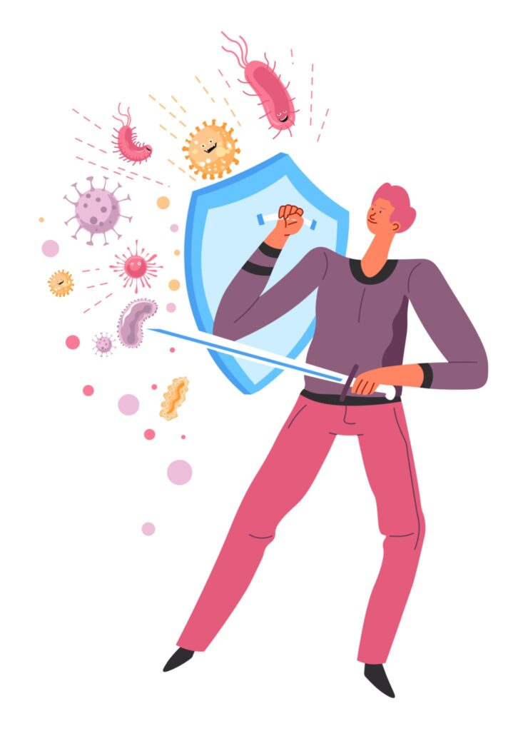 A colorful cartoon illustration of a person holding a sword and a blue shield, representing the protective role of an antioxidant vitamin as they fight off various colorful bacteria and virus microbes.