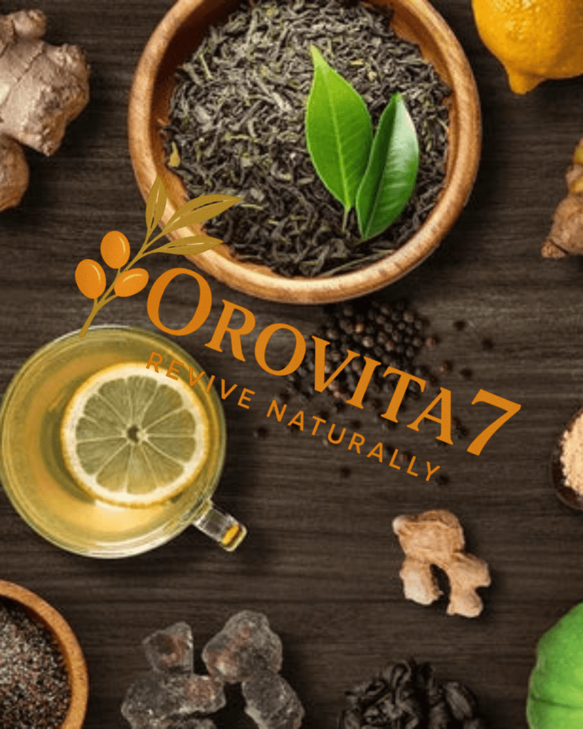 A glass of lemon tea surrounded by green tea leaves, ginger, and black pepper, representing the natural antioxidant focus of OroVita7.