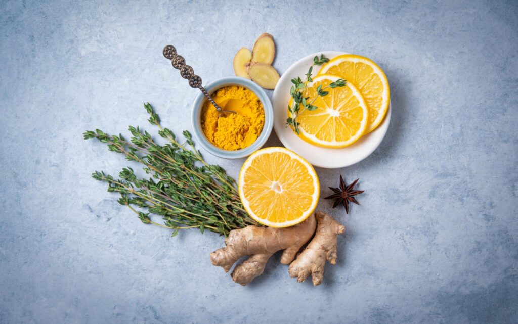 Ayurvedic Nutrition diet with fresh fruits, herbs, and natural healing foods