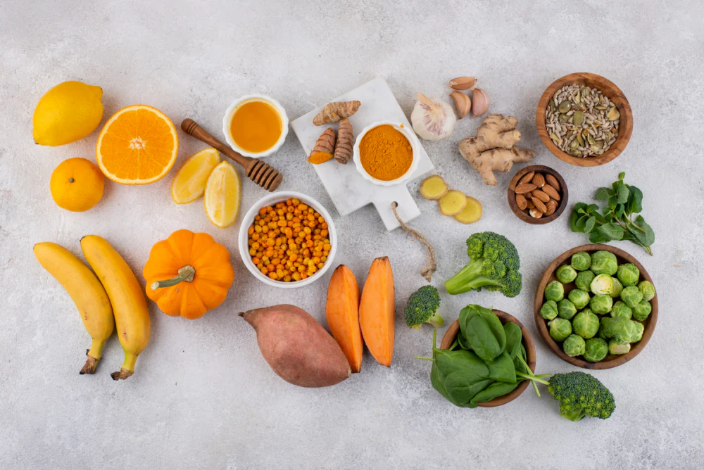 Traditional Ayurvedic Nutrition ingredients including turmeric, ginger, and medicinal herbs
