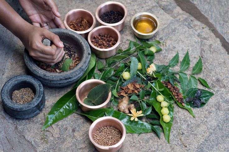 Ayurvedic Nutrition concept with natural herbs, spices, and organic foods for holistic wellness