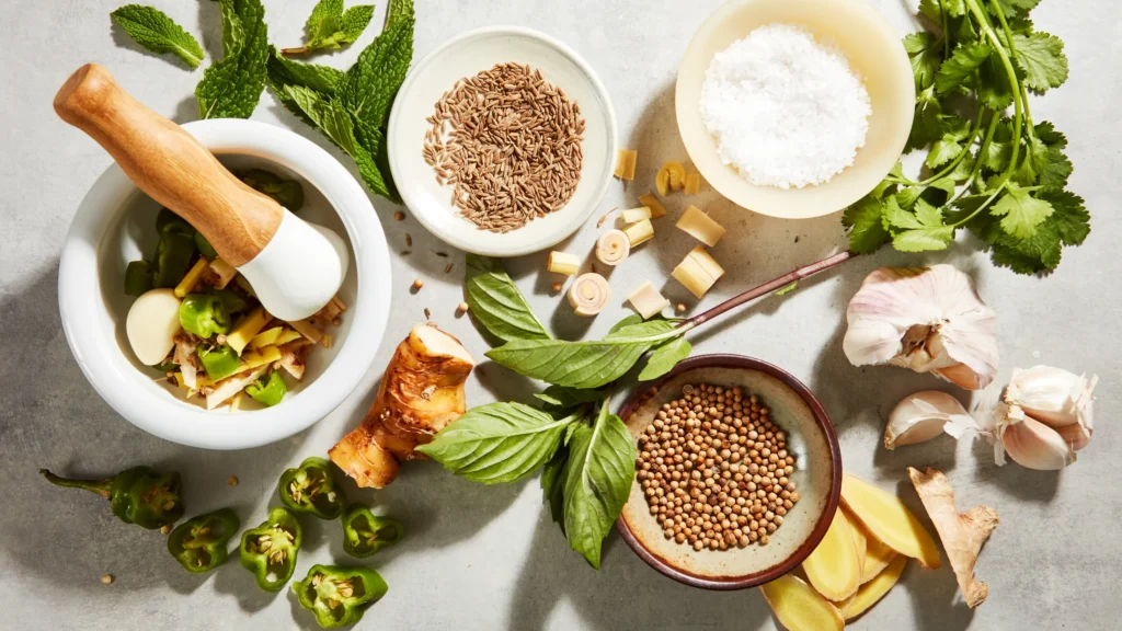 Dosha Balance wellness concept with herbal remedies and natural foods