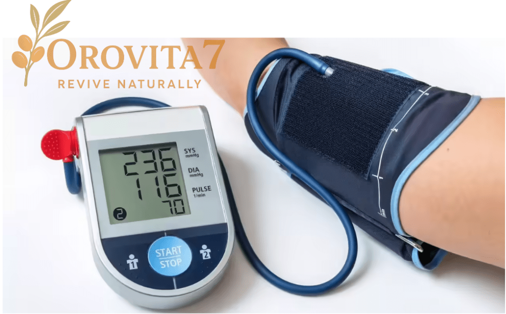 A close-up of a digital blood pressure monitor showing a high reading (236 over 116) on a patient's arm, with the OroVita7 "Revive Naturally" logo.