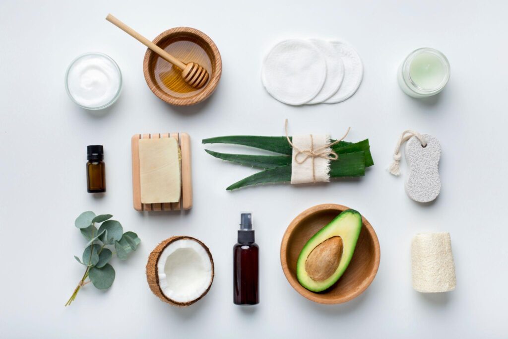 A symmetrical arrangement of botanicals beauty elements including aloe vera leaves, a halved coconut, fresh avocado, honey with a dipper, and essential oil bottles on a white background.