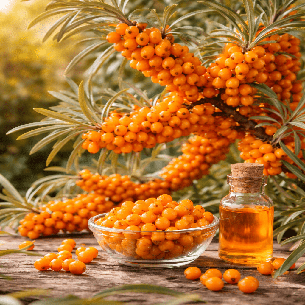 Sea buckthorn oil bottle with fresh berries