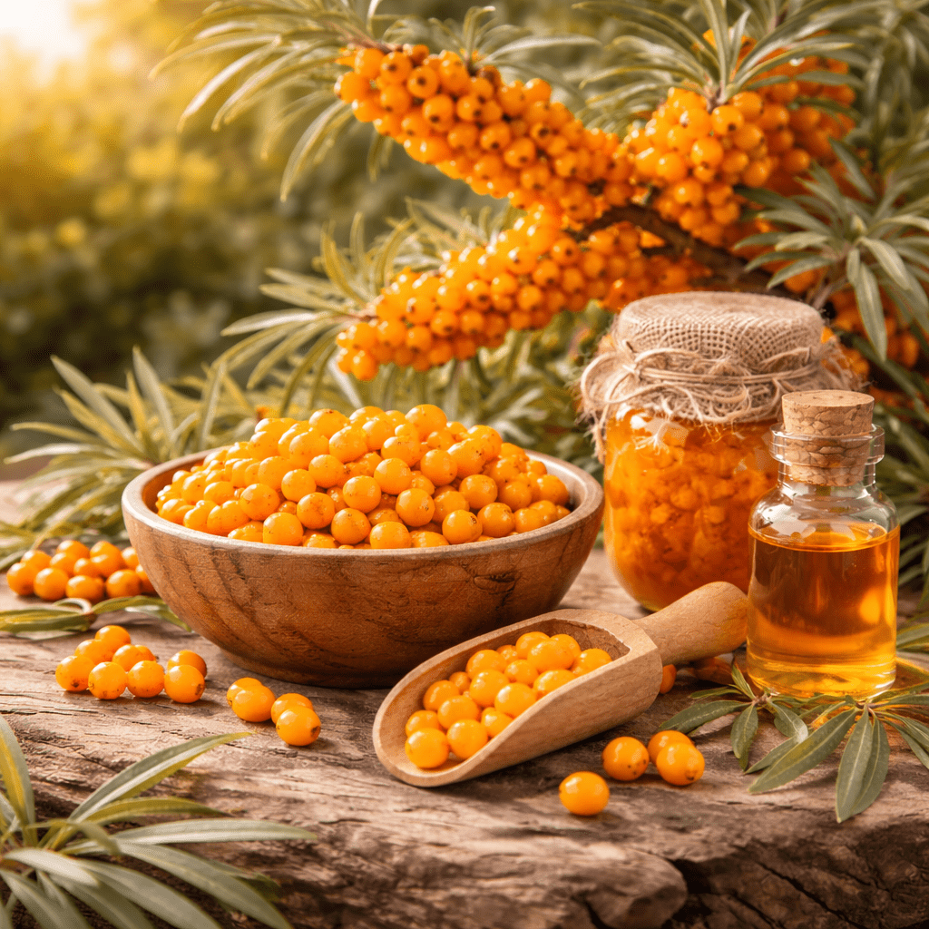 Sea buckthorn oil bottle with fresh berries