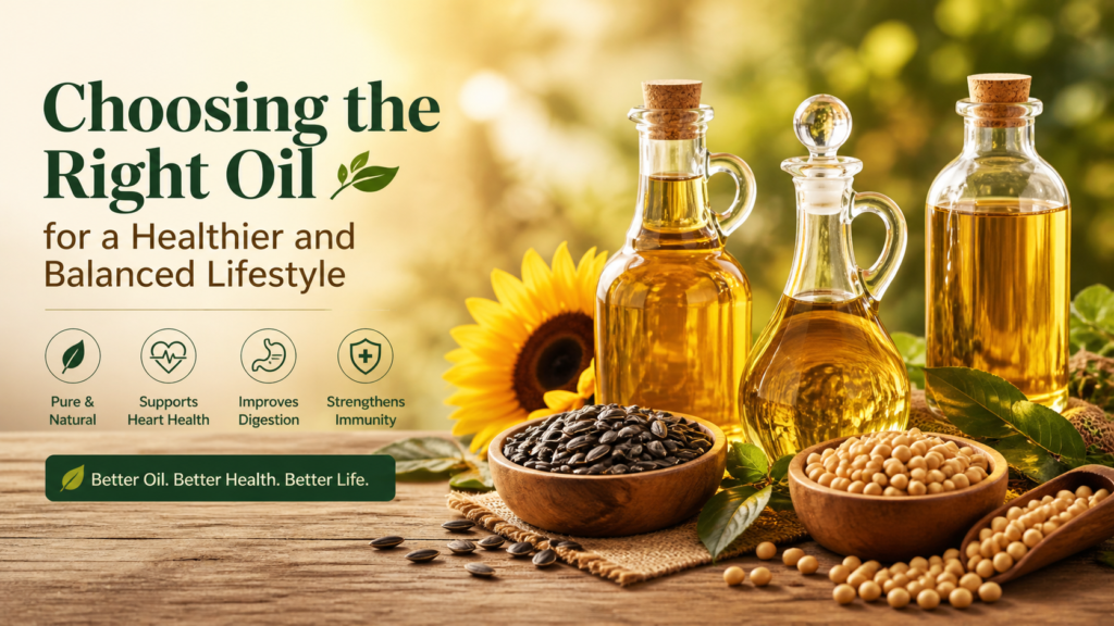 Healthy cooking oils in glass bottles with natural ingredients like sunflower seeds and soybeans on a wooden surface, representing clean nutrition and balanced lifestyle