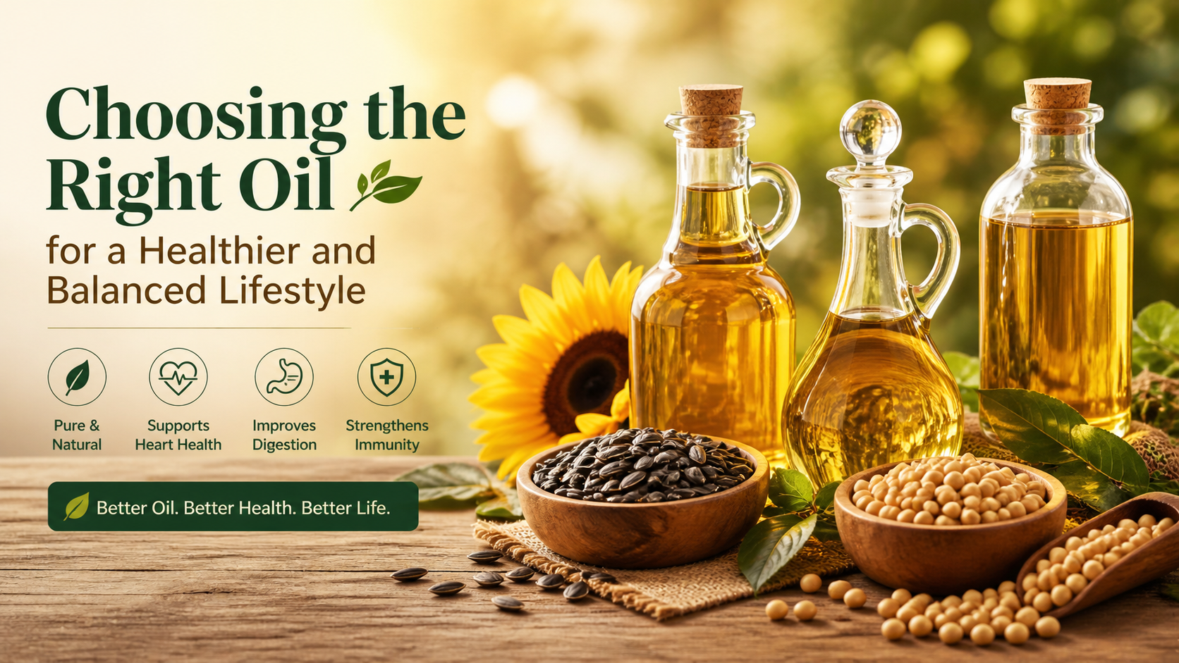 Healthy cooking oils in glass bottles with natural ingredients like sunflower seeds and soybeans on a wooden surface, representing clean nutrition and balanced lifestyle