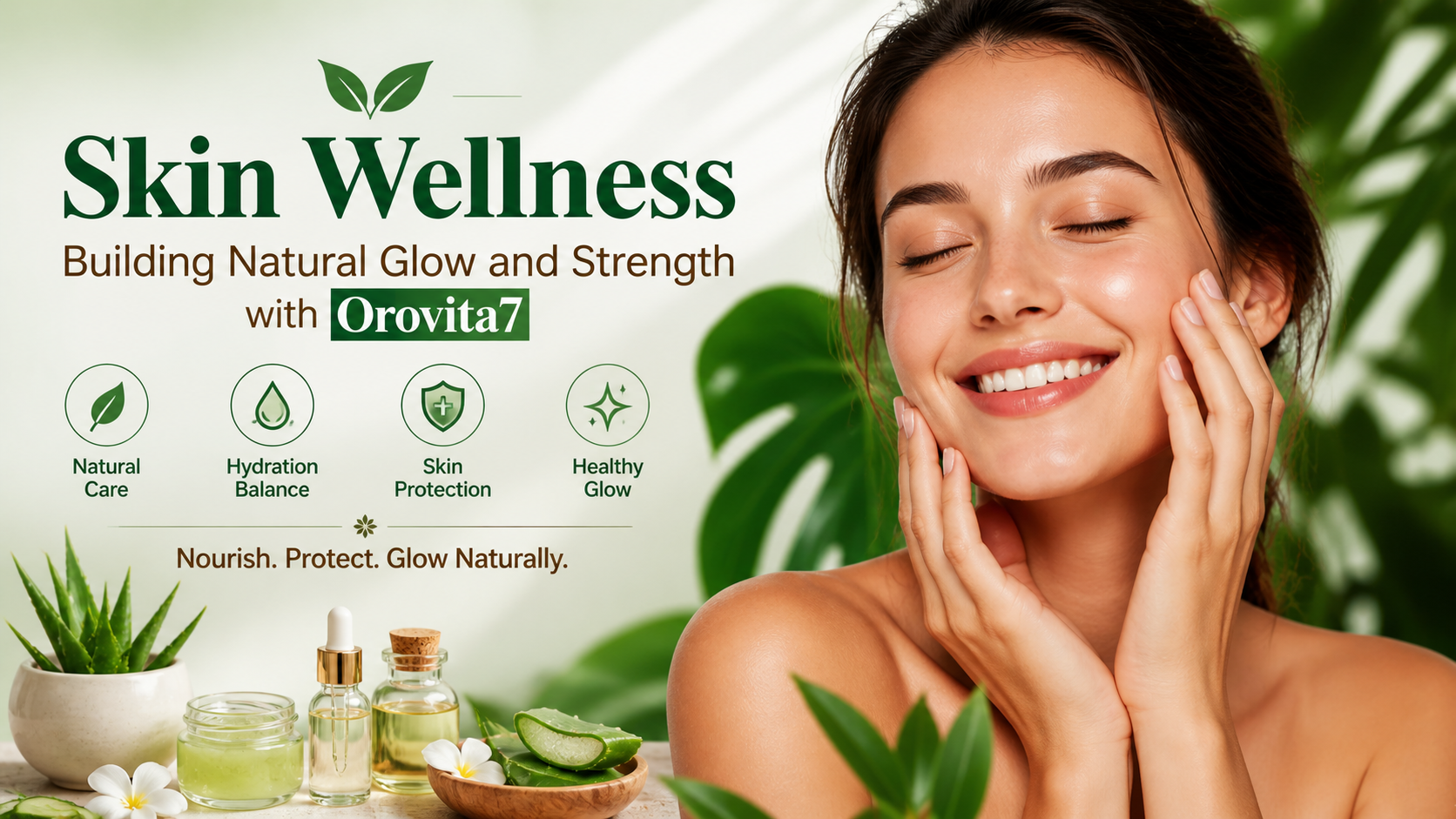 Woman with glowing healthy skin gently touching her face surrounded by natural skincare ingredients, representing hydration, balance, and natural skin wellness