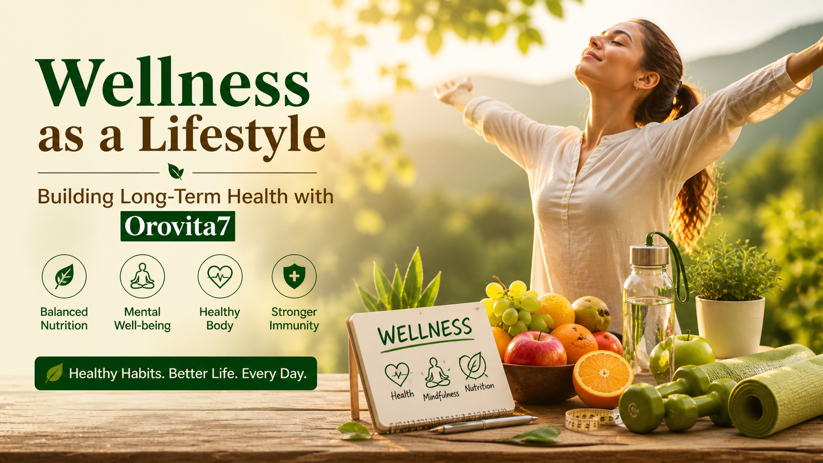 Person standing in sunlight with arms open in a natural outdoor setting representing holistic wellness, balance, and healthy lifestyle habits