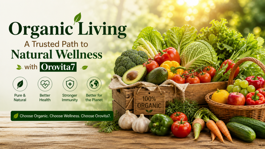 Fresh organic fruits and vegetables arranged in a wooden crate and basket under natural sunlight, representing clean nutrition, sustainable farming, and healthy organic living