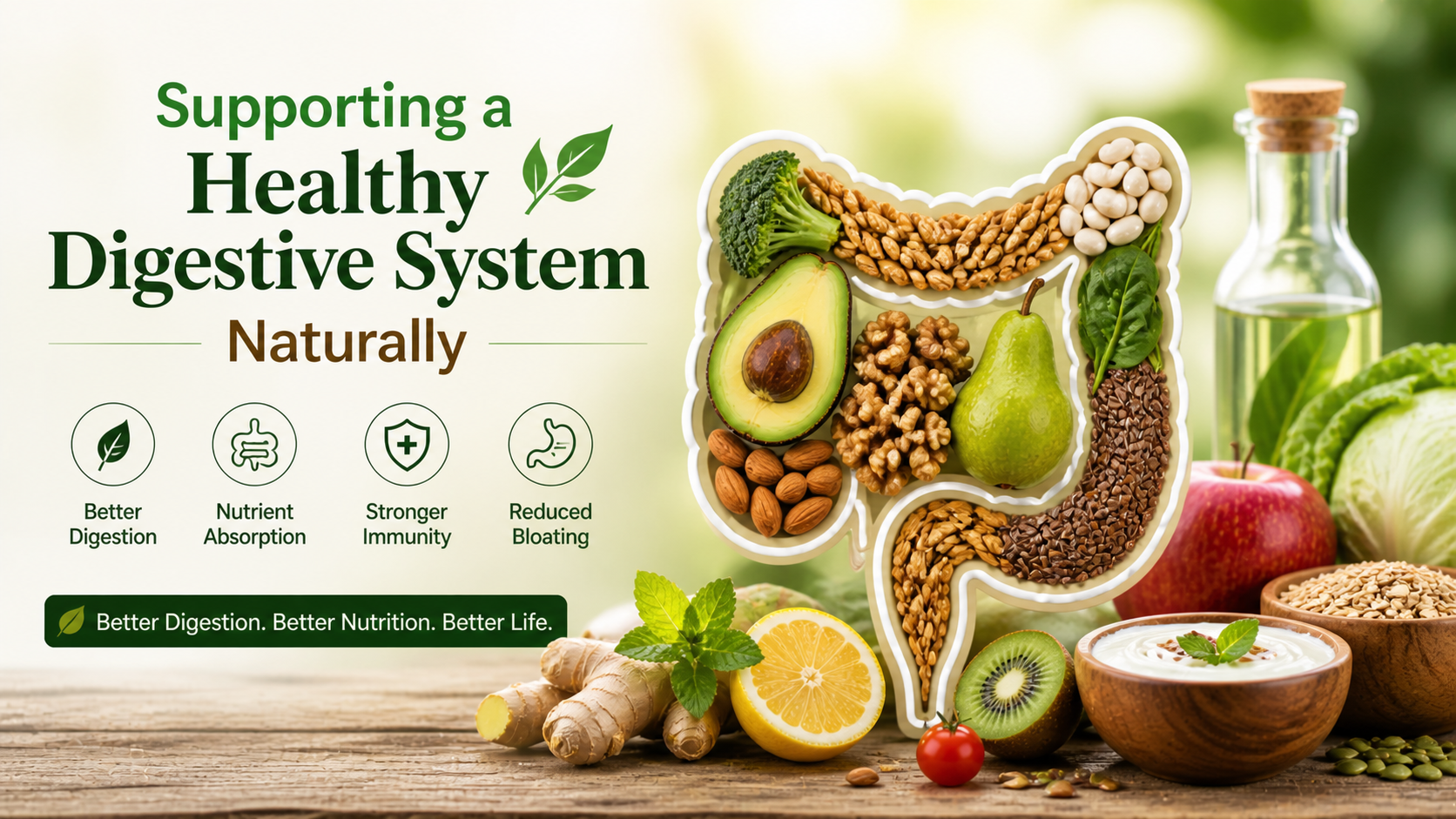 Illustration of human digestive system filled with healthy foods like avocado, nuts, fruits, and grains alongside natural ingredients, representing improved digestion and gut health