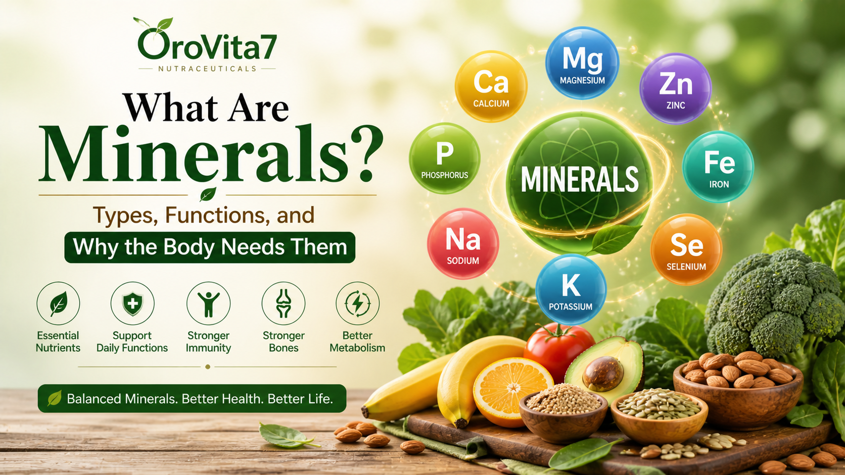 Educational infographic showing essential minerals like calcium, magnesium, zinc, iron, and potassium with healthy foods such as fruits, vegetables, and nuts representing balanced nutrition and wellness