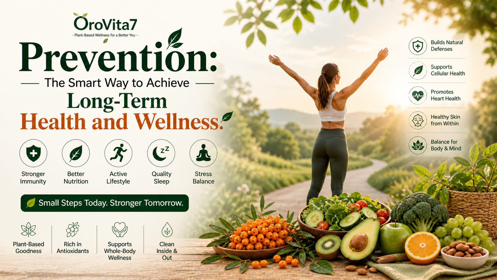 Person standing outdoors with arms open in sunlight inside a protective shield symbol, representing preventive health, natural immunity, balanced lifestyle, and long-term wellness