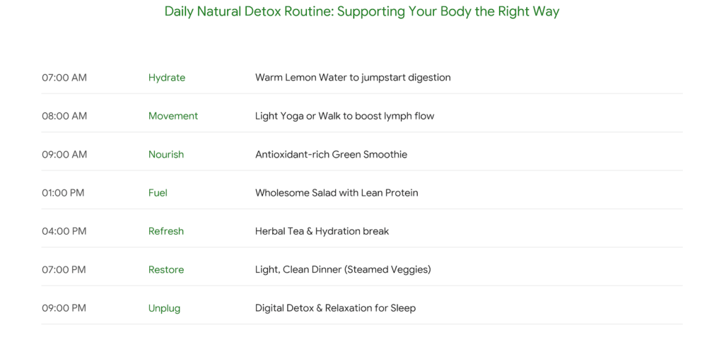 A woman in a bright, sunlit kitchen pouring a vibrant green smoothie from a glass carafe into a ceramic cup. The wooden table is filled with fresh detox ingredients like kale, lemons, ginger, apples, and herbal tea jars.