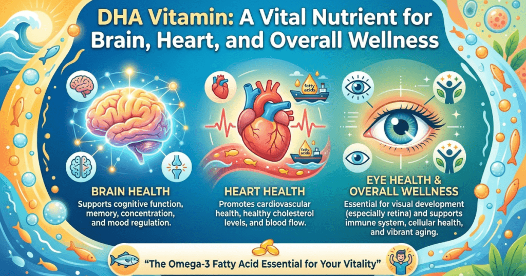 An educational infographic titled "DHA Vitamin: A Vital Nutrient for Brain, Heart, and Overall Wellness." The image features three main sections illustrating a glowing brain for cognitive function, a heart with a pulse line for cardiovascular health, and a detailed eye for visual development. The design uses a vibrant blue and orange ocean-inspired theme with icons of fish and omega-3 capsules.