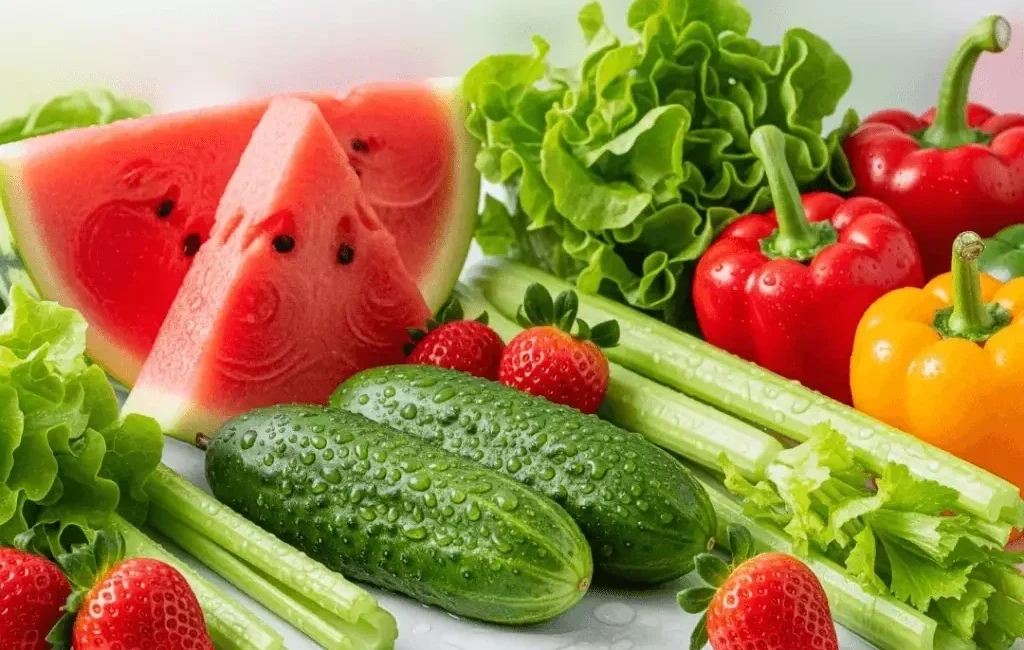 A vibrant arrangement of fresh, water-heavy produce including sliced watermelon, cucumbers, celery stalks, strawberries, bell peppers, and leafy green lettuce.
