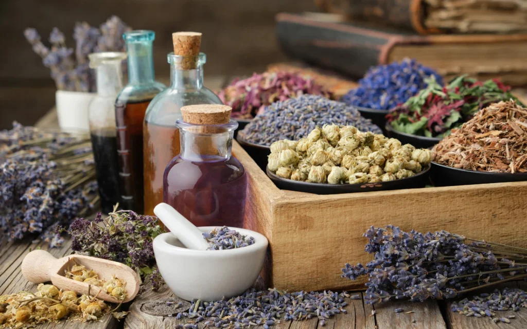 A rustic wooden table filled with bowls of dried herbs like lavender and chamomile, alongside glass bottles of herbal oils and a mortar and pestle. dehydration