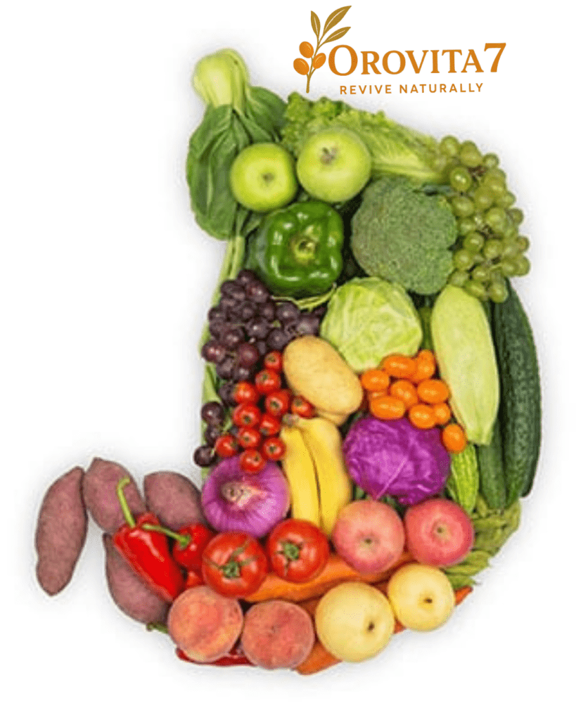 A variety of fresh vegetables and fruits, including broccoli, tomatoes, and grapes, arranged in the shape of a human stomach to represent healthy digestion.