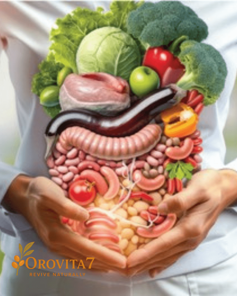A person holding a conceptual model of the human intestines made from colorful vegetables and legumes, symbolizing the link between diet and digestion.