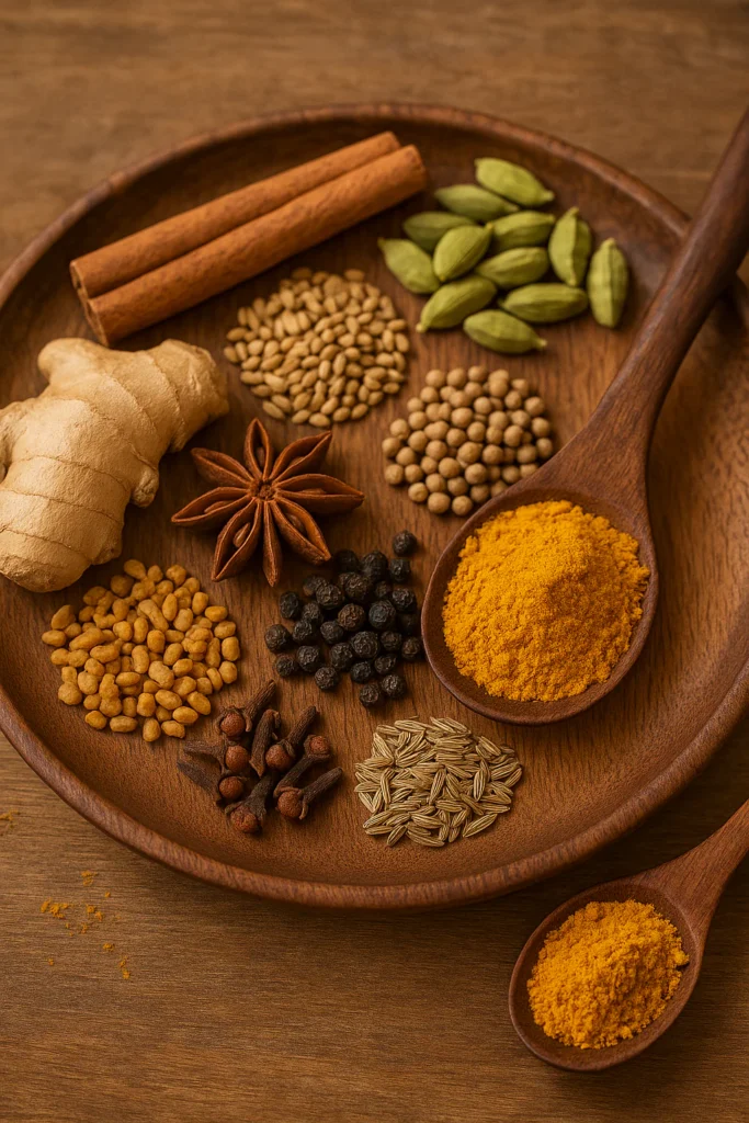 Dosha Balance concept with medicinal plants and healthy Ayurvedic lifestyle