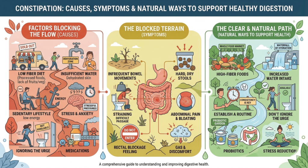 constipation An educational infographic titled "Constipation: Causes, Symptoms & Natural Ways to Support Healthy Digestion." The graphic is divided into three thematic landscapes: "Factors Blocking the Flow" (showing causes like low fiber and stress), "The Blocked Terrain" (illustrating symptoms like straining and abdominal pain), and "The Clear & Natural Path" (highlighting solutions like high-fiber foods, hydration, and probiotics).