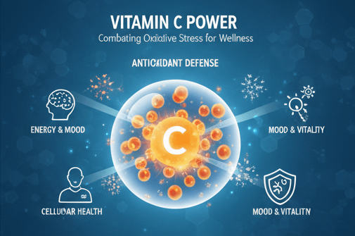 A dark blue infographic showing a glowing Vitamin C molecule in the center. Icons for a brain, a person, and a sunburst surround it, representing "Antioxidant Defense," "Energy & Mood," and "Cellular Health."