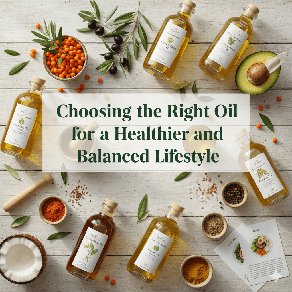 An overhead flat-lay of various healthy oils in glass bottles on a white wooden surface, including olive oil, coconut oil, and avocado oil. The arrangement features fresh ingredients like sea buckthorn berries, olives, and an avocado half, with a central text overlay reading "Choosing the Right Oil for a Healthier and Balanced Lifestyle."
