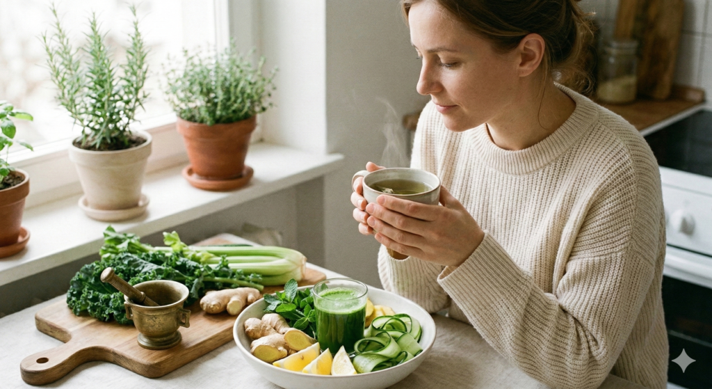 A woman in a cozy sweater holds a steaming cup of herbal tea at a kitchen table filled with detox ingredients like kale, ginger, cucumber, and a fresh green smoothie.