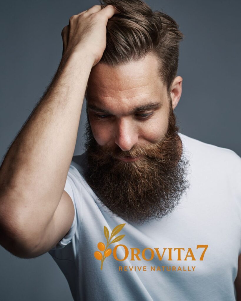 A portrait of a man with a well-groomed, thick beard and styled hair looking downward, touching his hair. The OROVITA7 logo is placed at the bottom center.