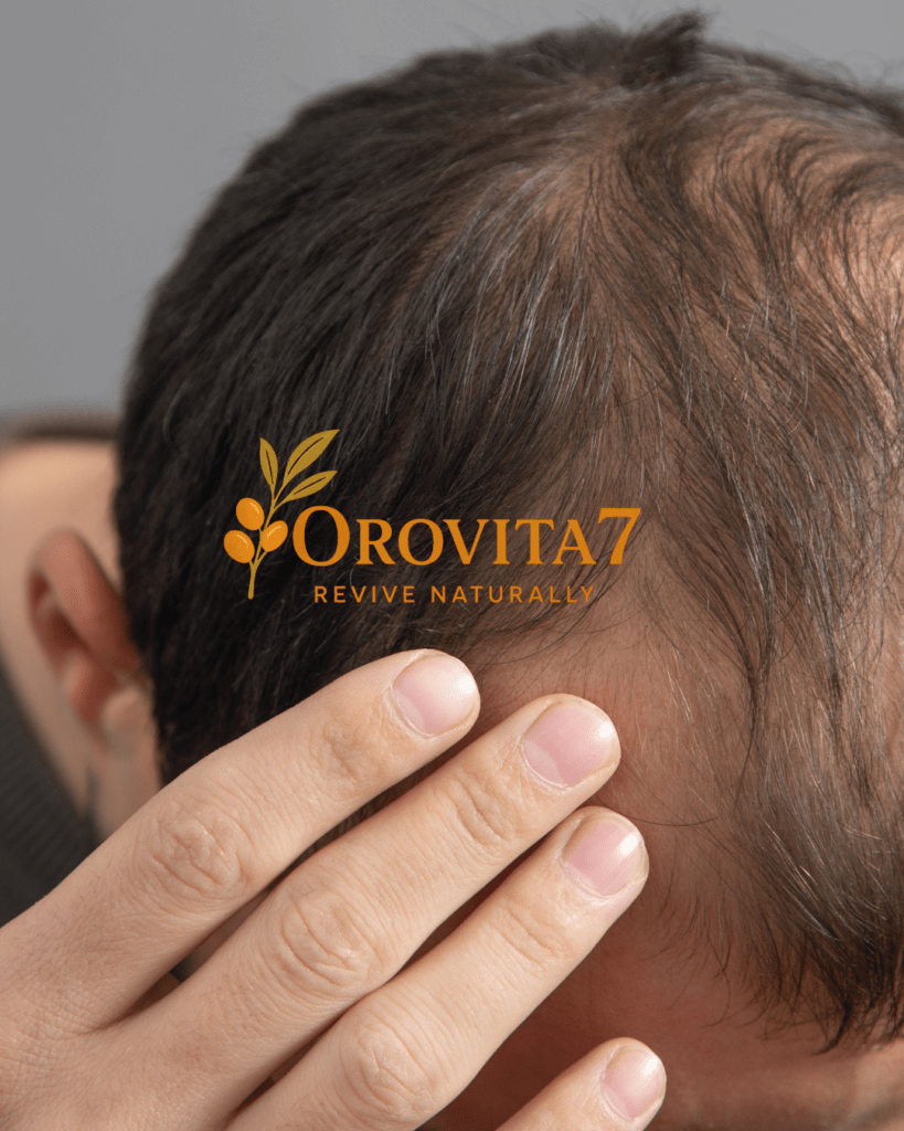 Close-up of a man’s scalp showing early signs of hair loss at the crown, featuring the OroVita7 Revive Naturally logo.