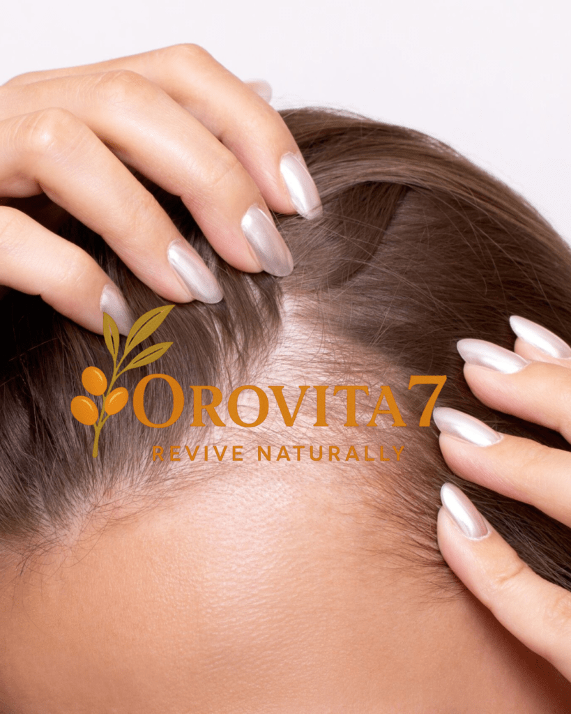 A woman parting her hair with her fingers to check for hair loss and scalp health, emphasizing natural restoration with OroVita7.