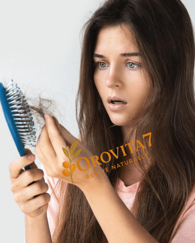 A concerned woman looking at a large amount of fallen strands on her hairbrush, highlighting the need for a hair loss treatment.
